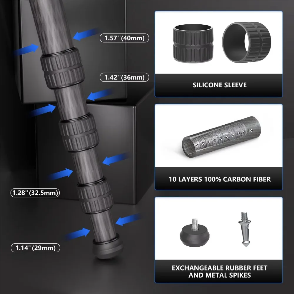 WEYLLAN LX9 Treppiede professionale in fibra di carbonio per fotocamera DSLR Treppiede da caccia per carichi pesanti con adattatore per ciotola da 75 mm Tubo da 40 mm Carico 40 kg