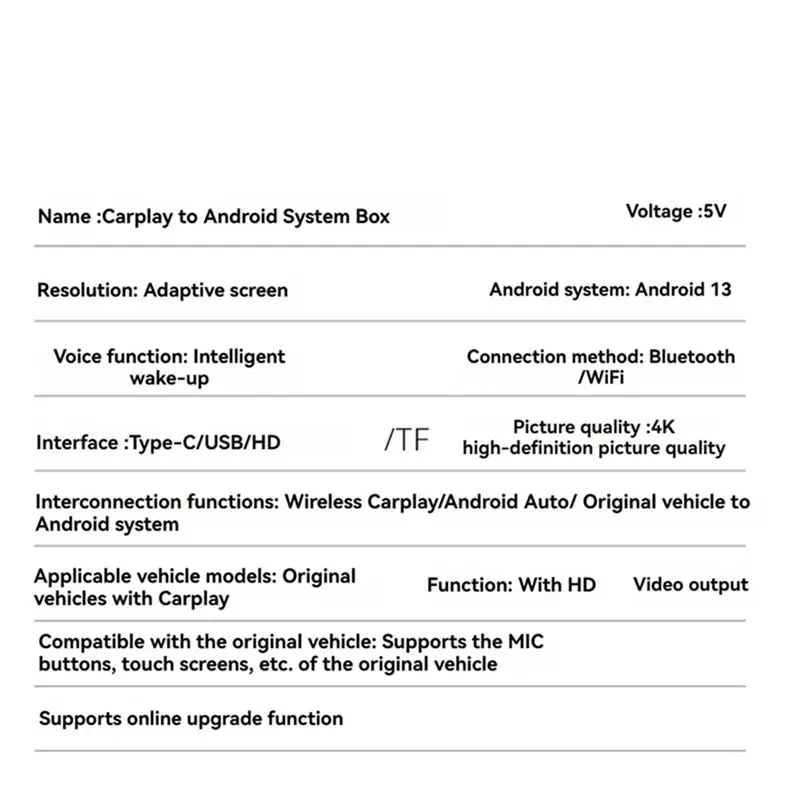 ABKN-محول Carplay اللاسلكي Android AI Box لـ Carplay/Android Auto/To Android 13 HD Port Support Split-Screen