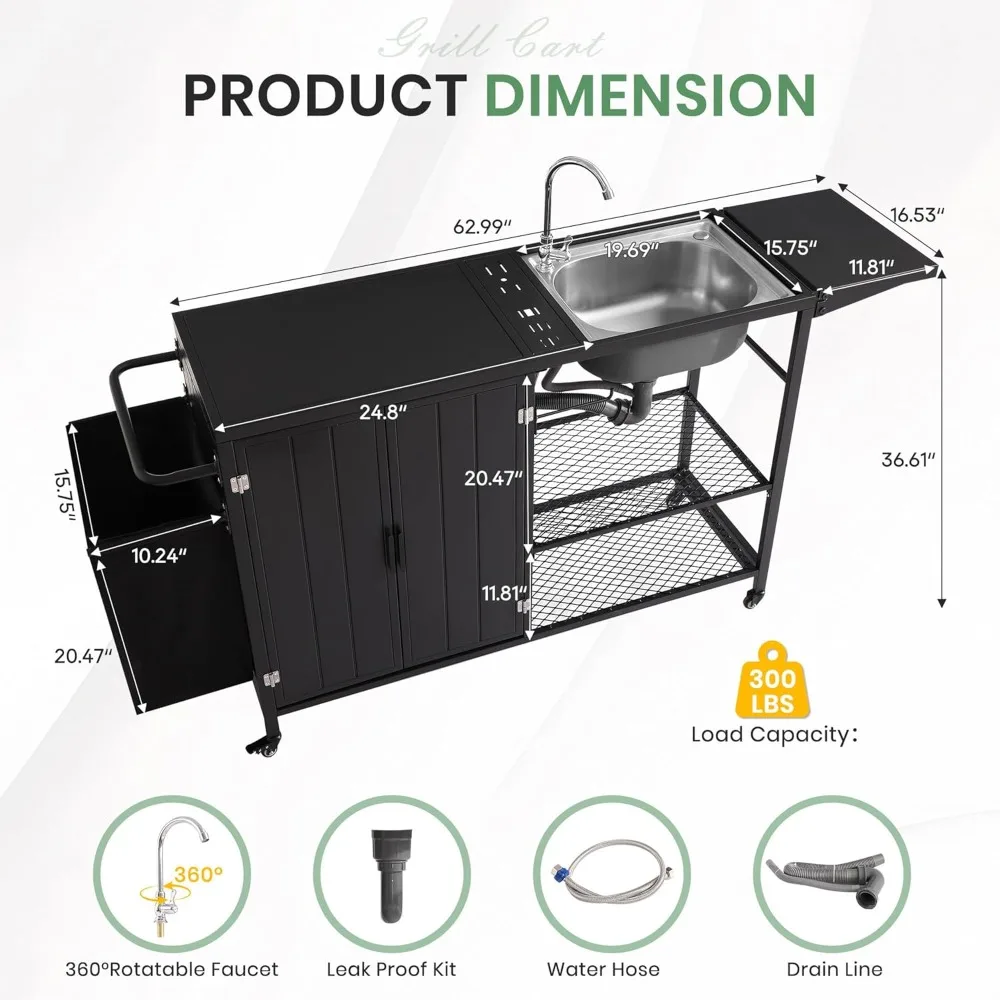 Grilltisch für den Außenbereich mit Waschbecken aus Edelstahl, rollende Grillwagenstation für Garten, Terrasse, Hinterhof