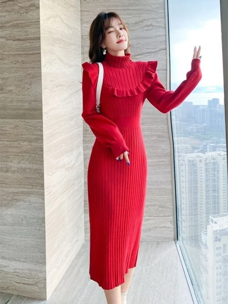 Women's AW New Refined Knitted Dress Designer Sense Niche Midi Dress Waist-Cinching Slim Fit Luxurious