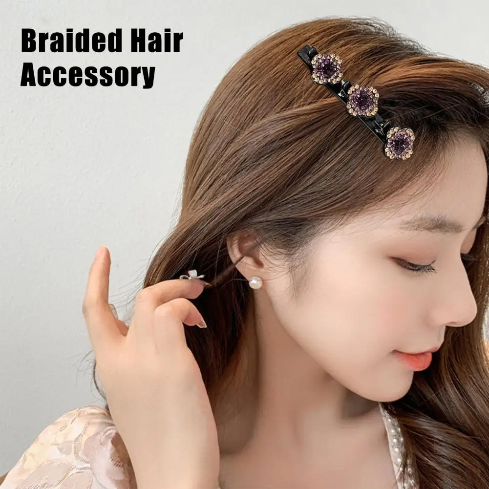 Rhinestone Hair Clip Sparkling Flower Hair Clip With Non-slip Teeth Double-layer Braided Hair Pin For Bangs Elegant For Women