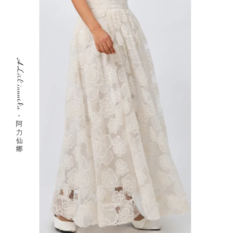 2024 New Spring Summer Women Elegant Perspective Flower Big Bottom Skirts High Waist Mopping Floor Ultra Long A-line Fairy Skirt