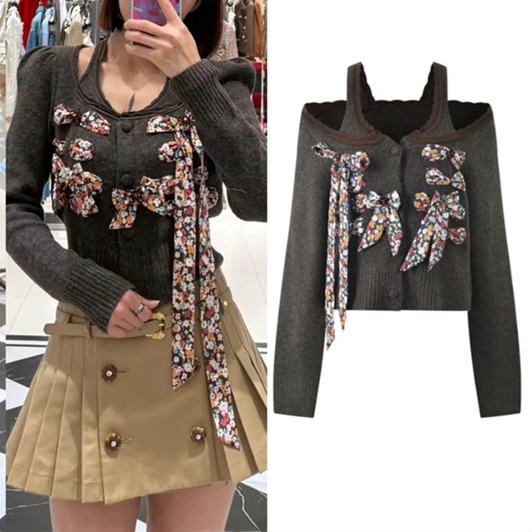 

Высококачественный европейский модный вязаный свитер с узлом, женский свитер в стиле ретро, искусственный двухсекционный дизайн, трендовый топ Sense