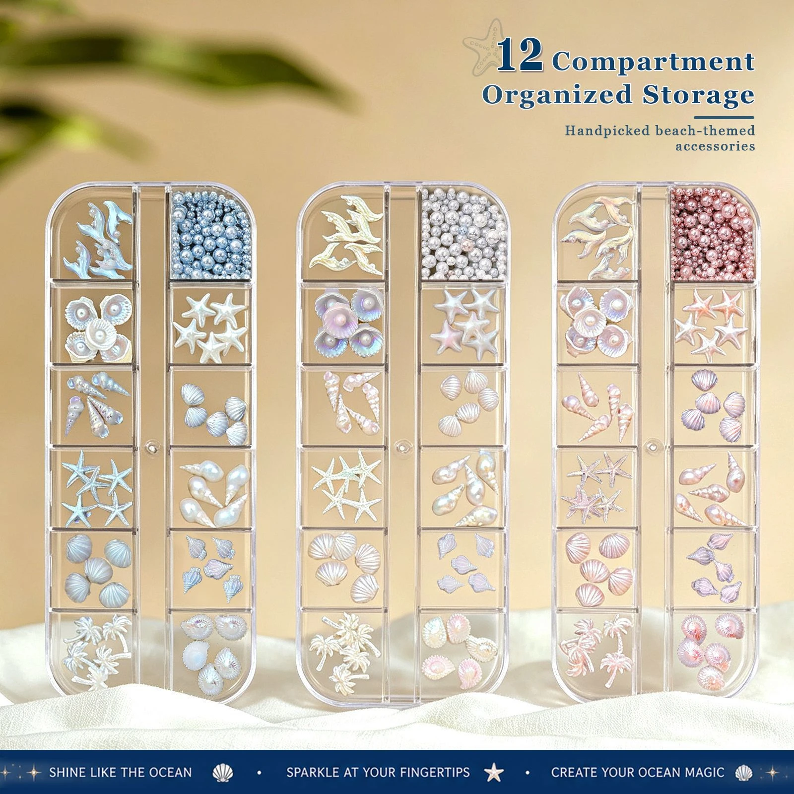 12 Grids Ocean 3D Nail Charms Mixed Aurora Starfish Shell Pearl Beads Summer Beach Nail Art Decoration DIY Manicure Supplies