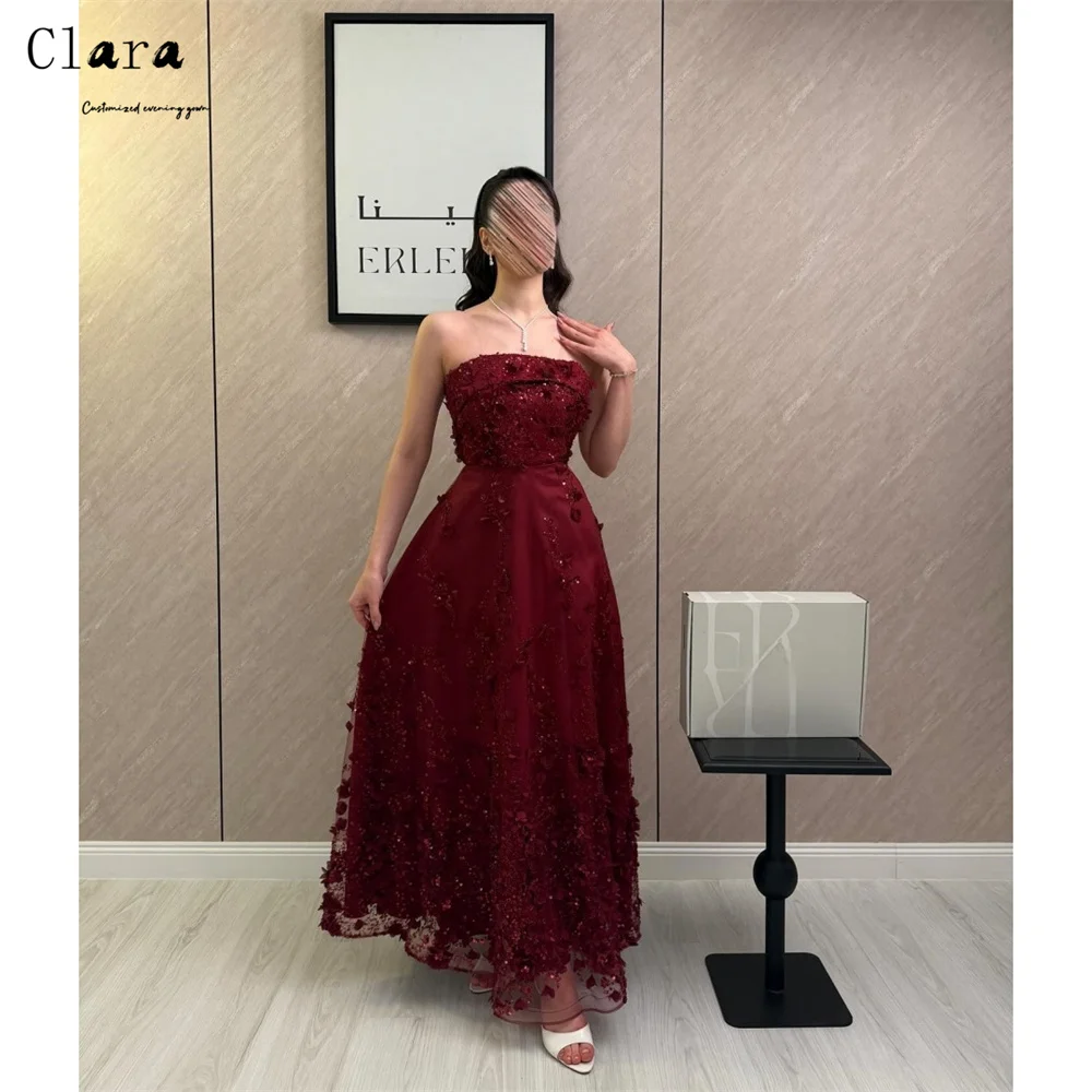 

Clara Custom Burgundy 3D Flower Tube Top A Line Luxurious Evening Dresses Luxury 2026 Elegant Dresses Woman for Evening Party
