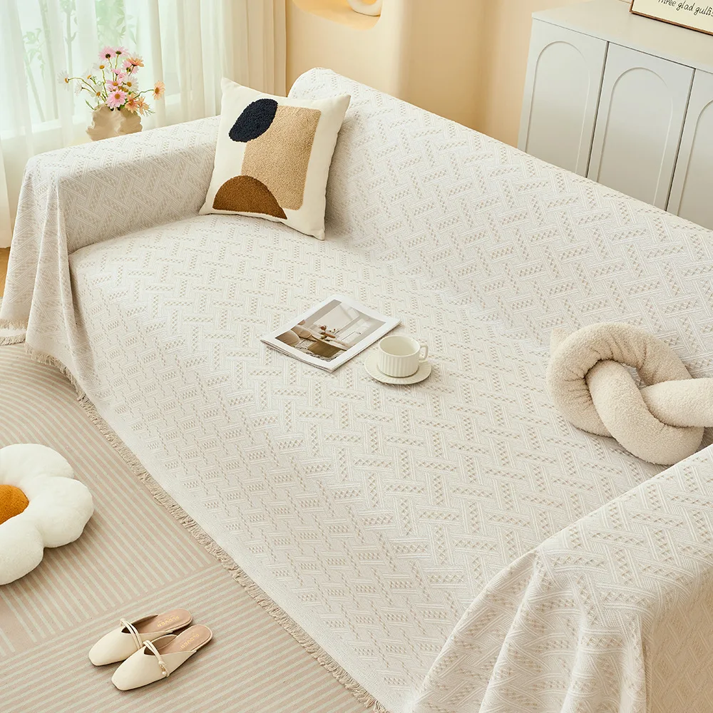 One Piece Sofa Cover Cotton Yarn T Grid Simple Ins Style Universal All Season Full Coverage Slipcover Cushion Blanket
