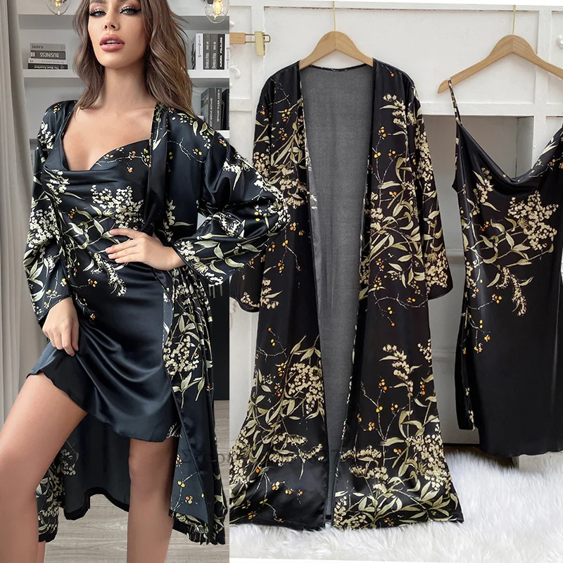 Women Long Twinset Robe Set Nightdress Sexy Print Cherry Swing Collar Nightgown Sleepwear Satin Kimono Bathrobe Gown Loungewear