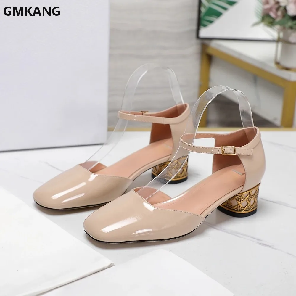 GMKANG Women's Pointed Toe Patent Leather Mary Jane Platform Sandals, Single Buckle Chunky Heel Dress Shoes for Office