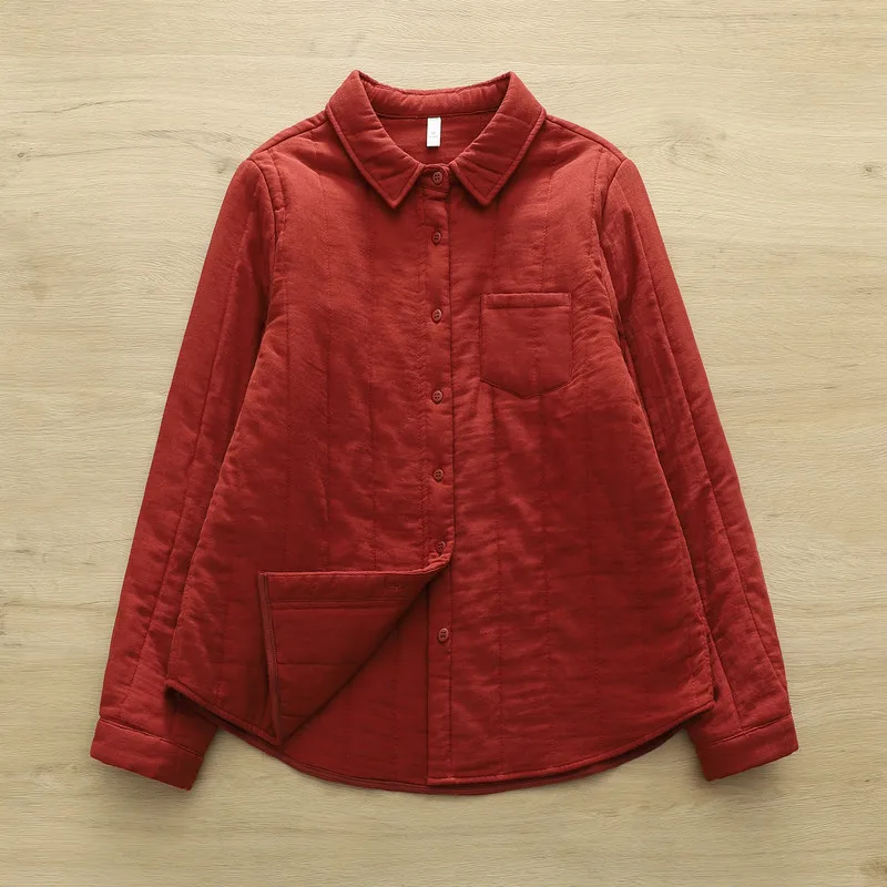 Novo 2025 inverno algodão acolchoado camisa de manga longa, feminino turn-down colarinho bolso, mori menina ol comute quente blusa solta t5d448cc