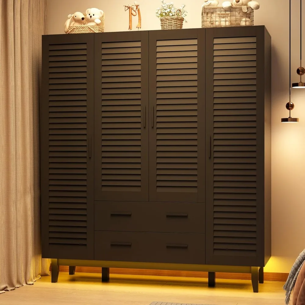 4 Door Armoire Wardrobe Closet Cabinet with Drawers and LED Lights,  Large Capacity Storage Wardrobe Armoire for Bedroom