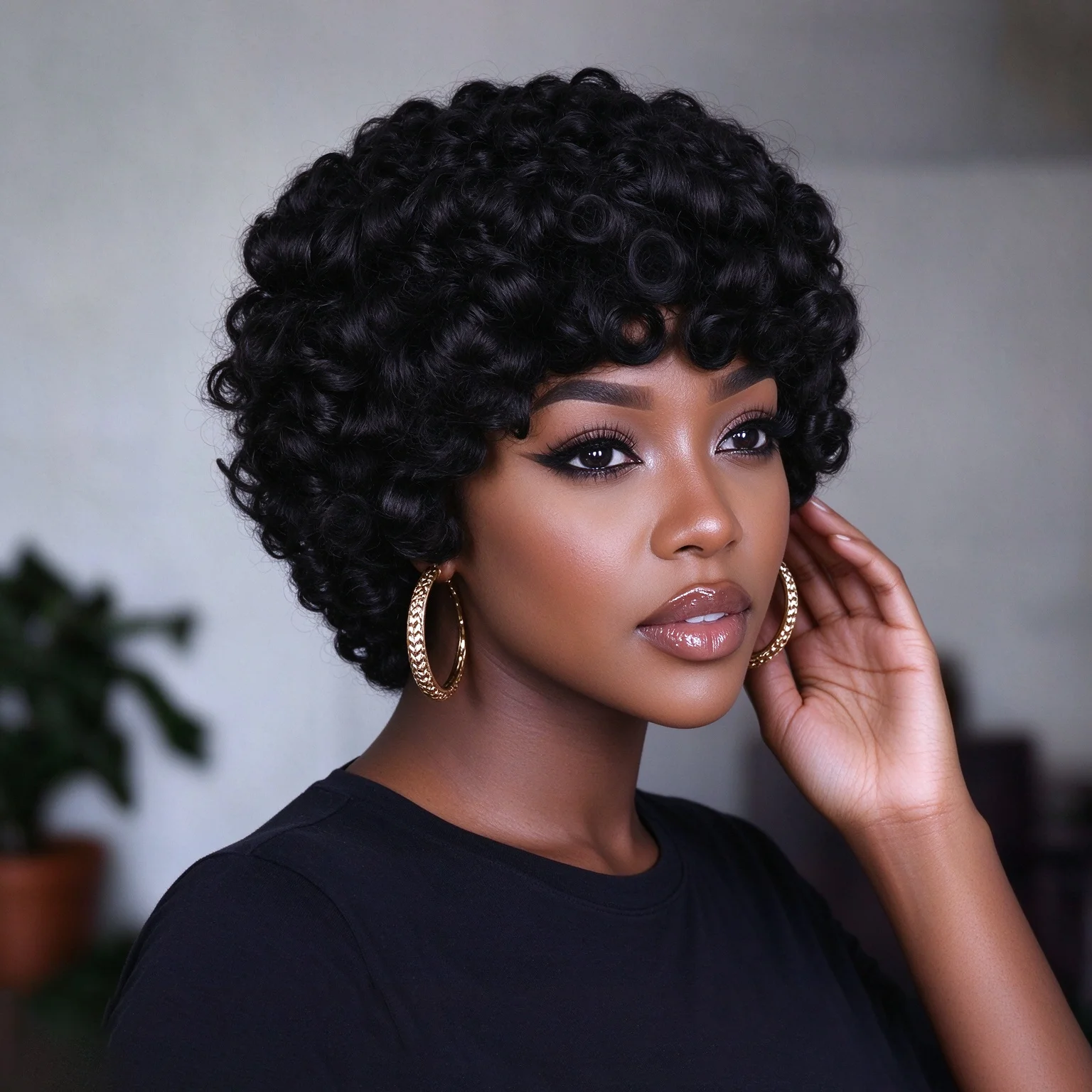 Women's 100% Brazilian Virgin Human Hair Short Loose Curly Pixie Cut Wig With Bangs Natural Black Glueless Wig, Breathable Cap,
