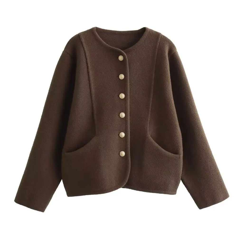

Women's Velvet Double-Sided Tweed Crew Neck Short Thick Coat Korean Style Autumn Fashion G42737 for plus Size
