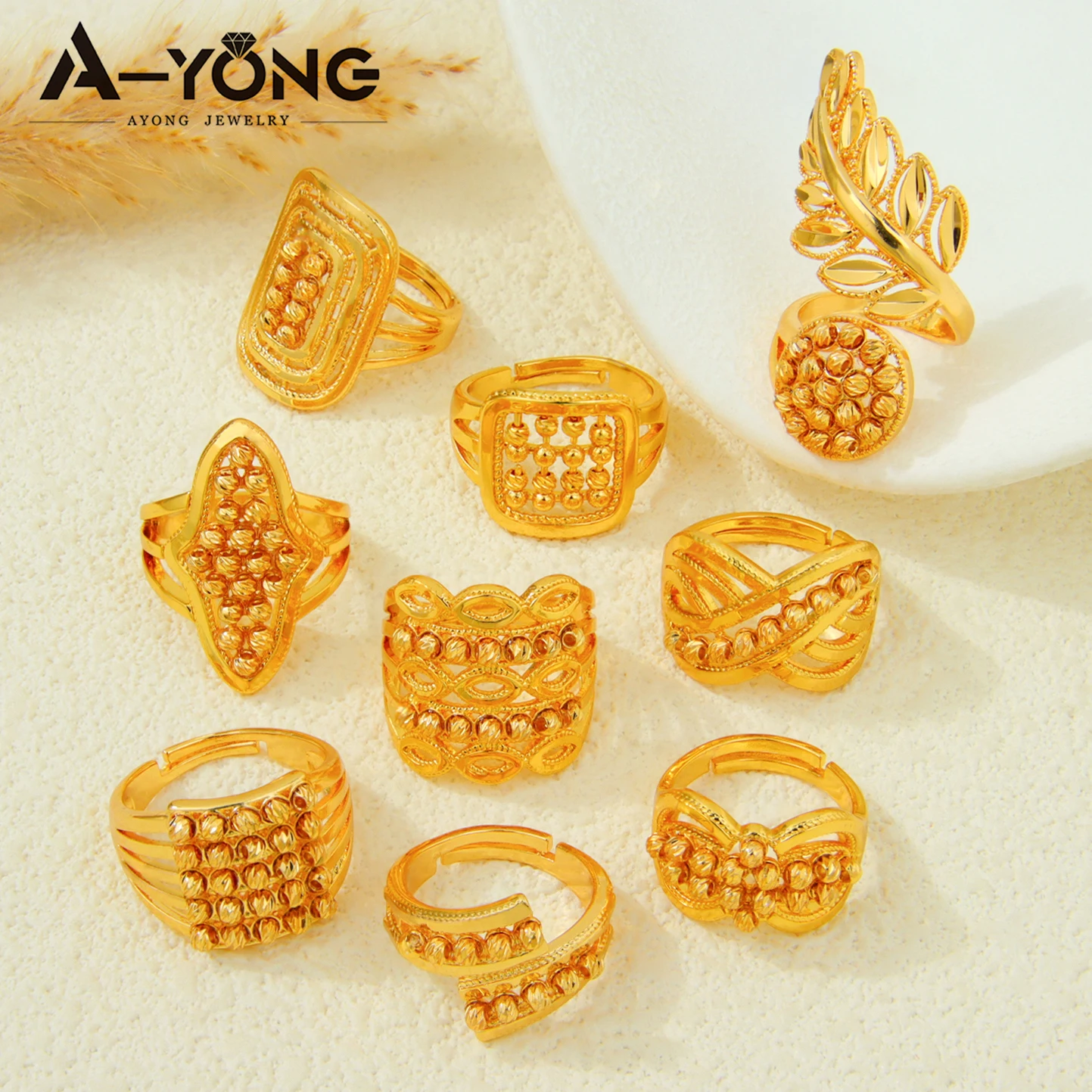 Arabische Mode Unregelmäßige Perlenringe 24k Vergoldet Nigeria Braut Hochzeitsring Dubai Damen Arabesque Vintage Schmuck Geschenke – Detail 5