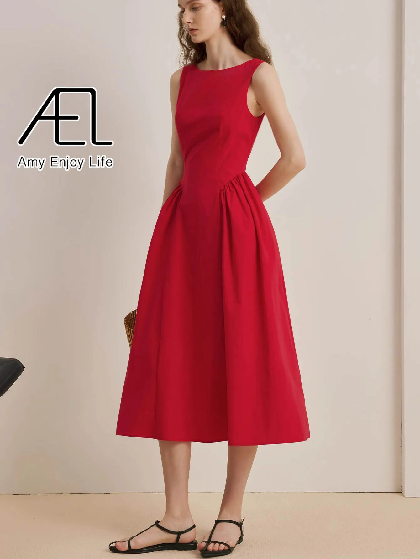 

AEL Summer Dresses For Women Elegant Clothing Sleeveless O Neck Slim Long Dress A-line