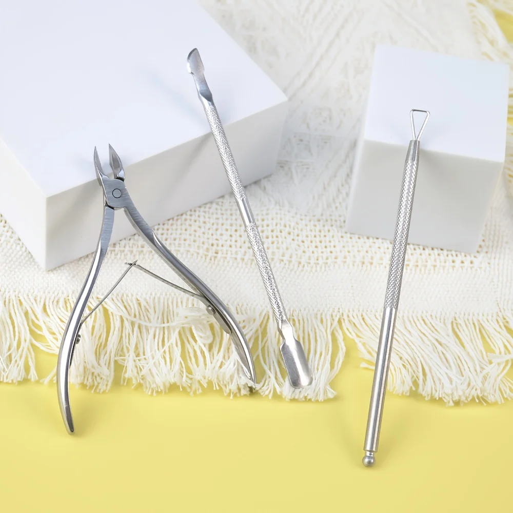 Arte de uñas de acero inoxidable, piel muerta a mano, cuchillo de empuje, tijeras, herramientas para recortar uñas, pinzas para cutículas afiladas, uñas de mandíbula puntiaguda duraderas