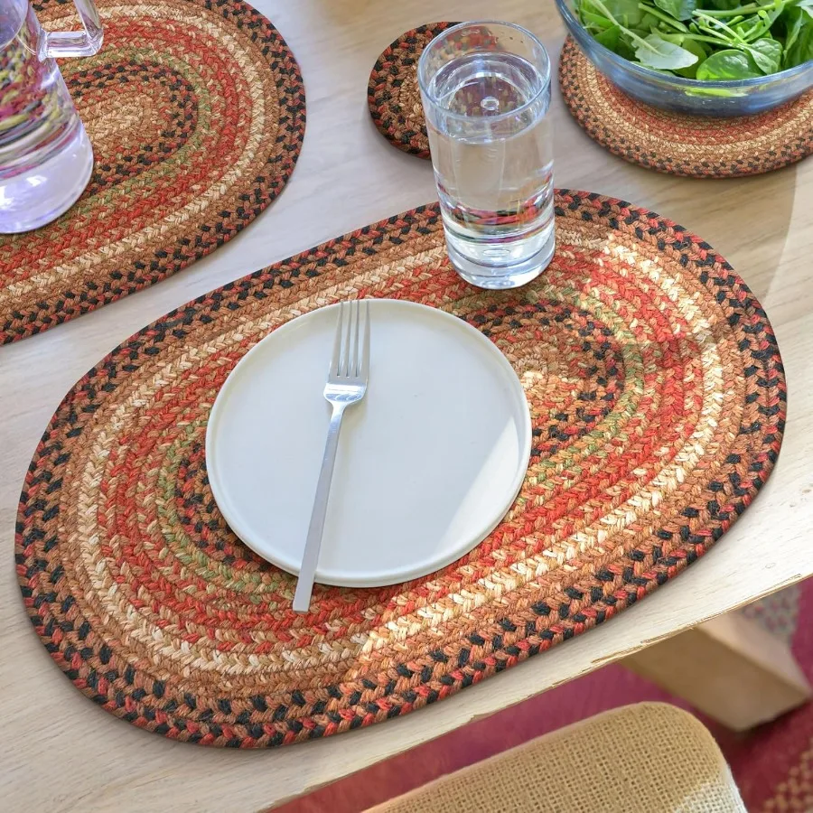 

Gingerbread Jute Braided Oval Placemats for Warm Country Decor Set of 6 13x19 Inch Brown Table Mats with Vibrant Colors Durable