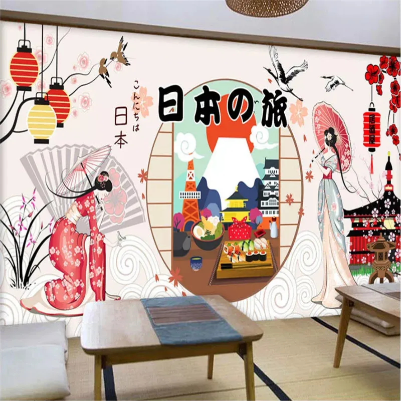 

Cartoon Hand-painted Japanese Tour Theme Mural Wall Paper 3D Sushi Ramen Restaurant Industrial Decor Background Wallpaper 3D