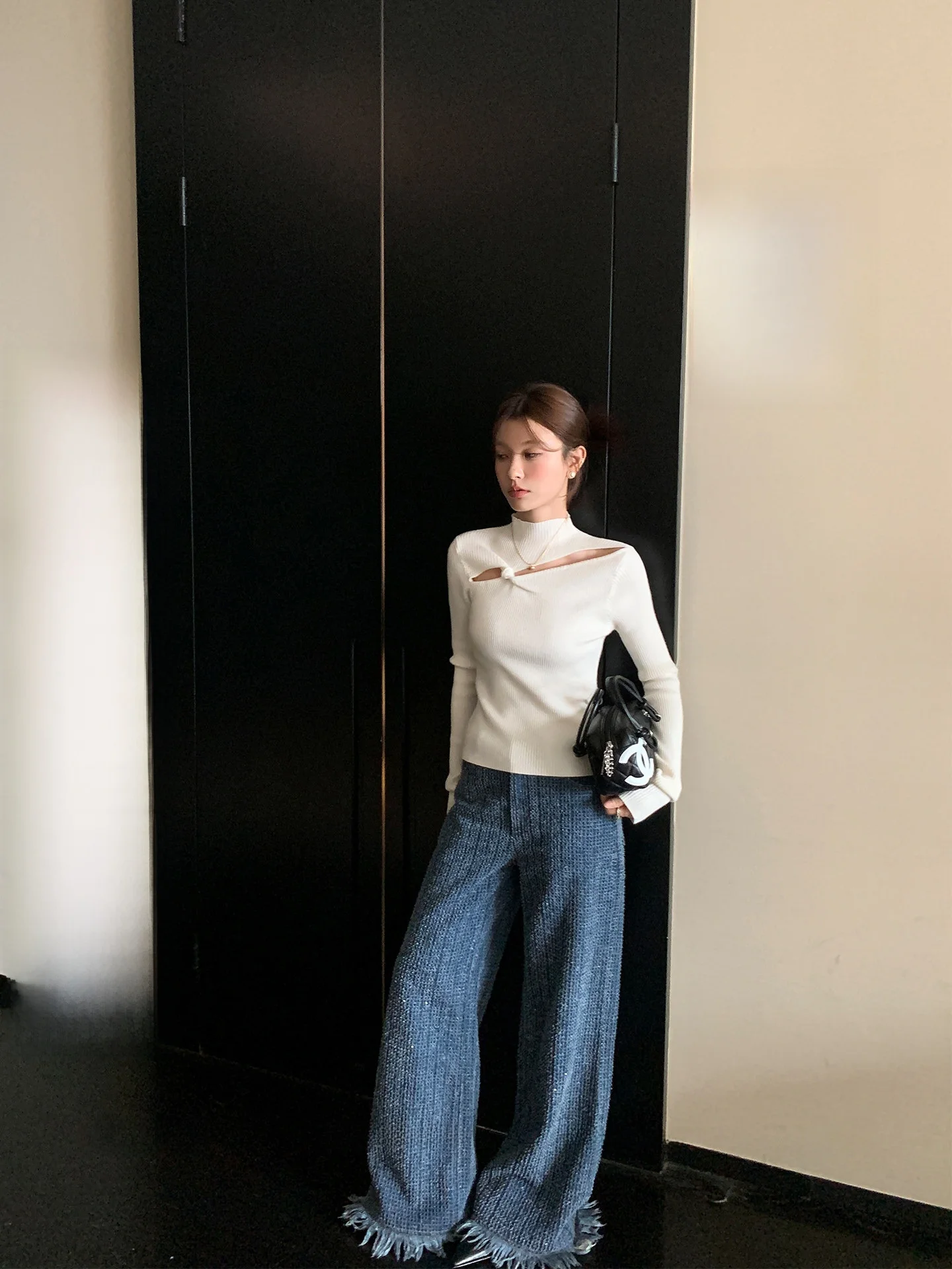 

LIONE Bell Small Fraance High Waist Straight Leg Jeans Textured Fringe Wide Leg Pants Luxury Sle Waed Blue Denim