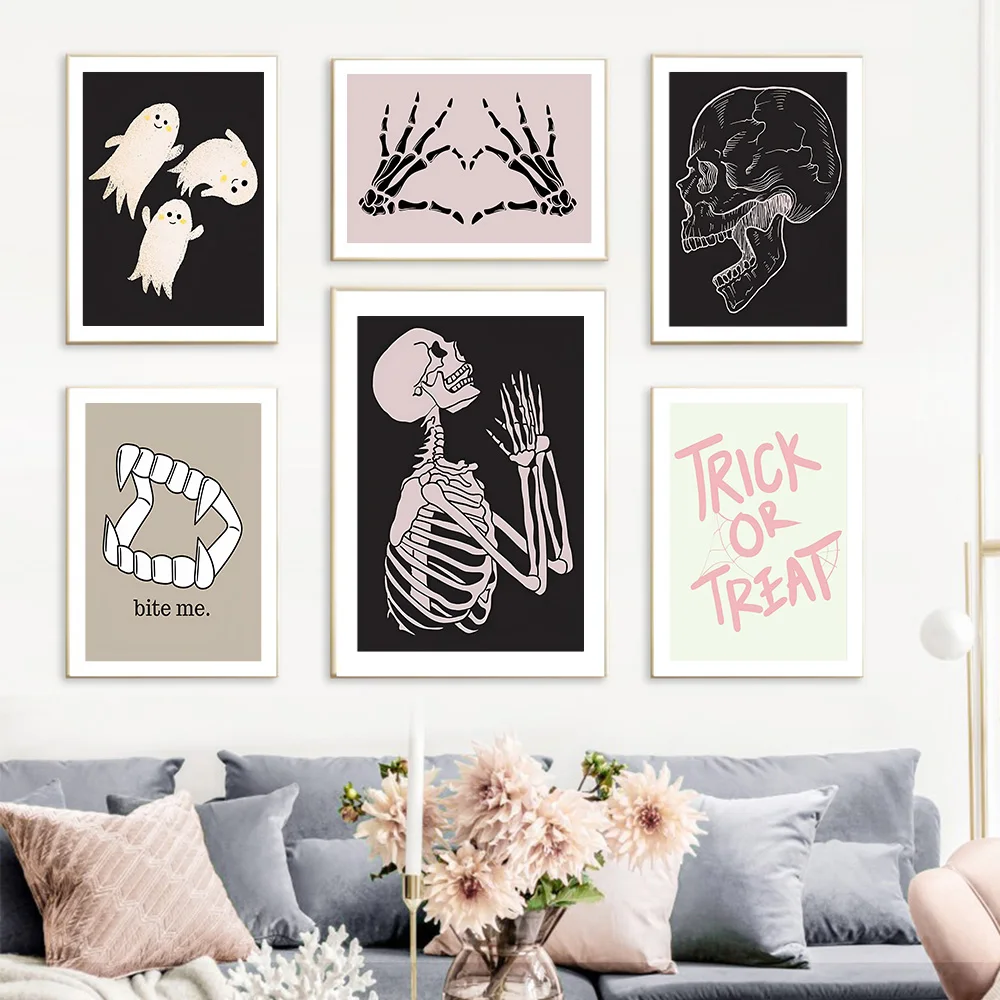 

Pink Halloween Ghost Skeleton Witchy Painting Print Canvas Poster Nordic Wall Art Picture for Gift Living Room Home Decor Cuadro