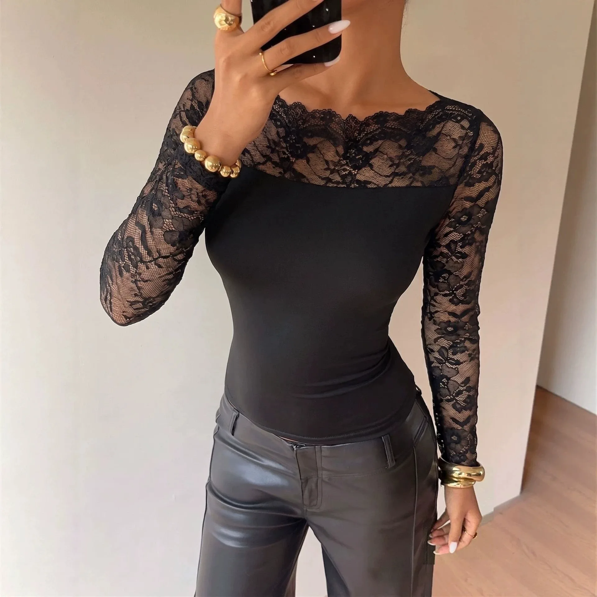 Women Elegant Lace Tshirt Spliced Long Sleeve Top Off Shoulder Sheer Floral T Shirt Slim Fitted Casual Tee
