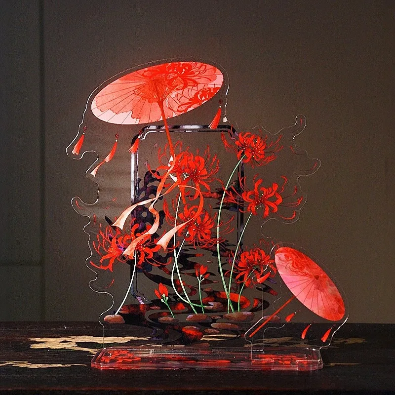 Red Spider Lily Bloom Acrylic Scene Backdrop, Oriental Fantasy Style Character Stand Display Frame, for Anime Kpop Merch Decor