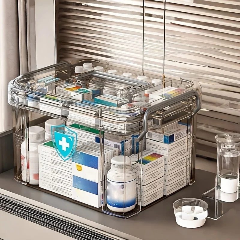 storage box Home plastic first aid box with handle Transparent home emergency tool kit Drug storage box