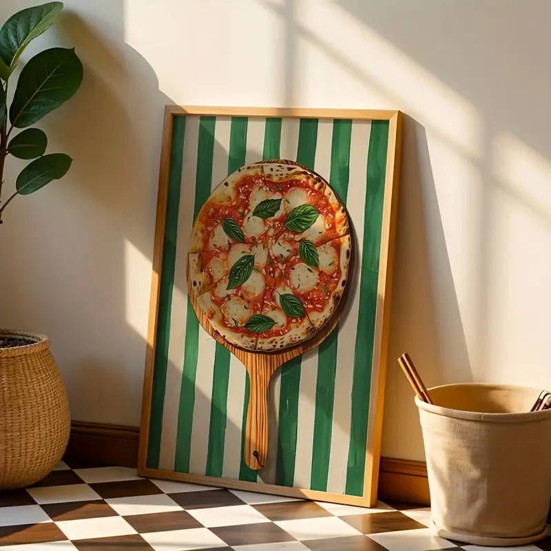 1pcs Modern Italian Cuisine: Green Striped Pizza Slices, Food Print Canvas Paintings, Cafe, Bar, Italian Kitchen, Home Decoraton