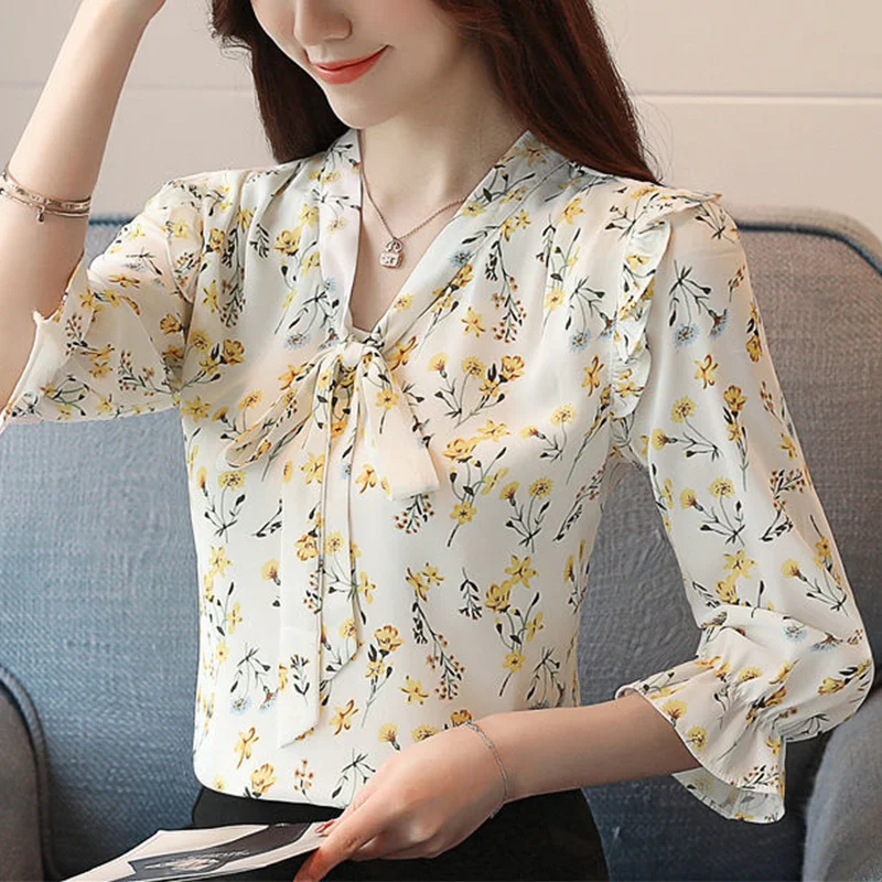 Camisa elegante de gasa con estampado Floral para mujer, blusa informal de manga 3/4 con lazo, Tops Vintage de temperamento