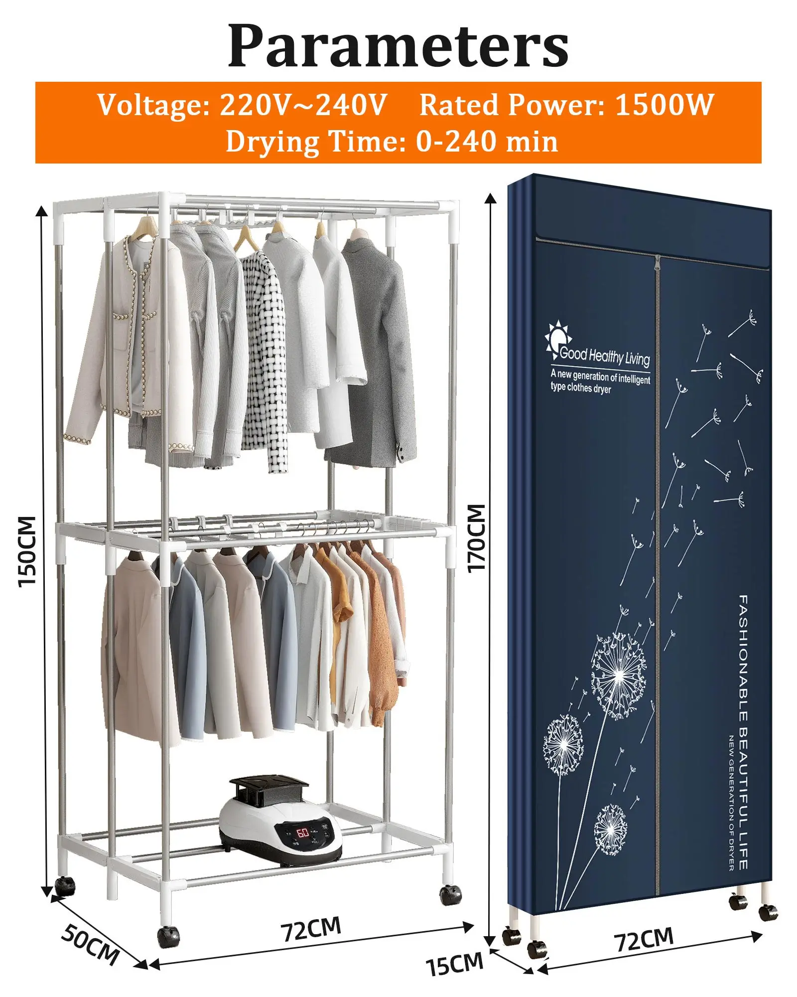 Portable Electric Clothes Dryer,220V-1500W Heated Clothes Airer, Heated Clothes Dryer with Timer, Electric Clothes Dryer