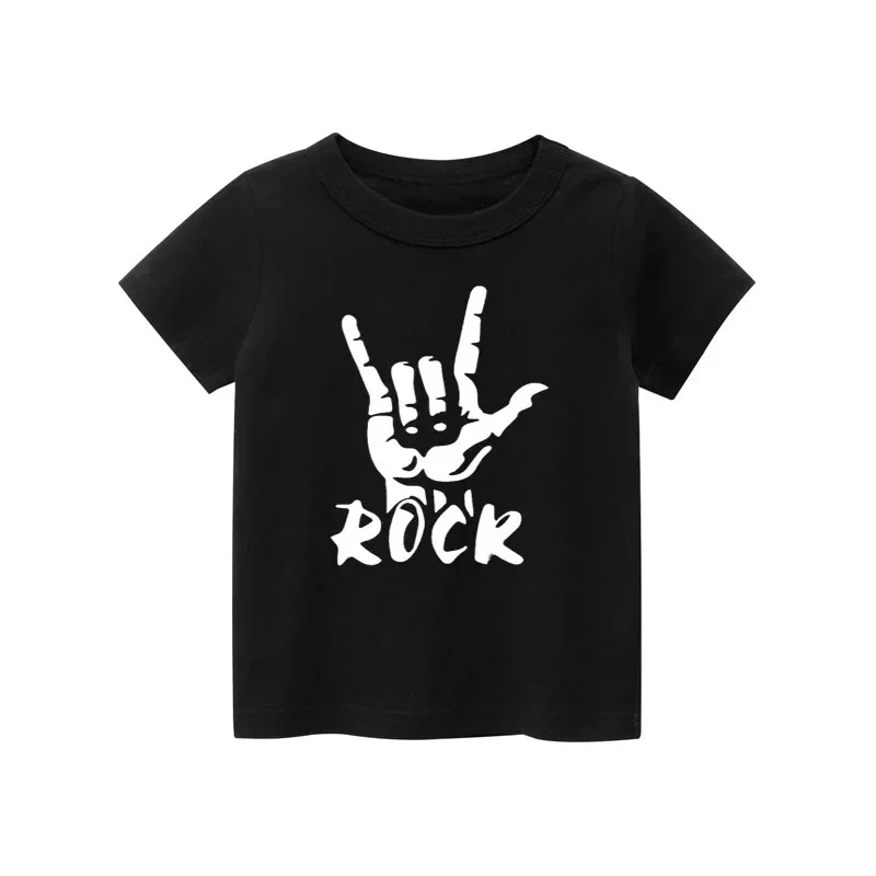 

2024 New Fashion Kids T Shirt For Boys Black White Gray Short Sleeve Children Clothes Rock Print Boy T Shirt For Girls Tops