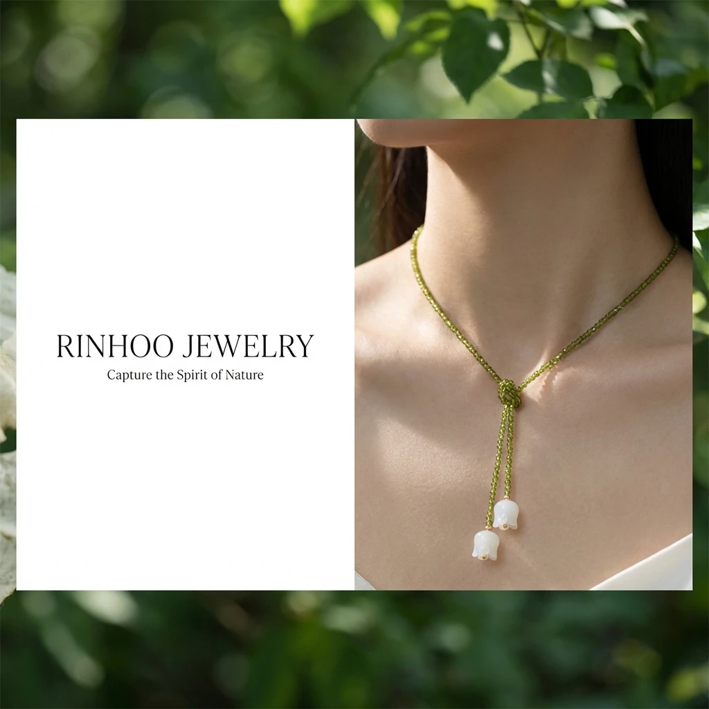 Romantische Fairycore-Halskette mit grünen Kristallperlen für Damen, weiße Lilien-Anhänger, vielseitige Choker-Accessoires, Schmuck, Geschenk – Detail 3