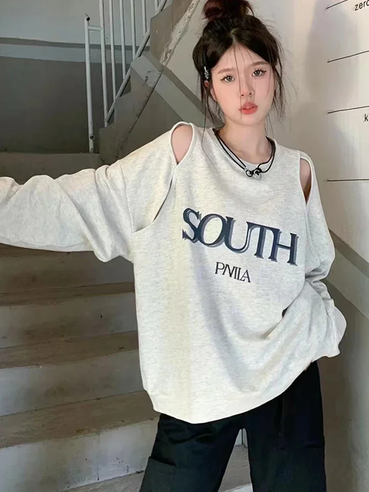 Off Shoulder Sweatshirts Women Korean Fashion Vintage Letter Print Pullover Female Sexy Hollow Out Long Sleeve Y2k Streetwear