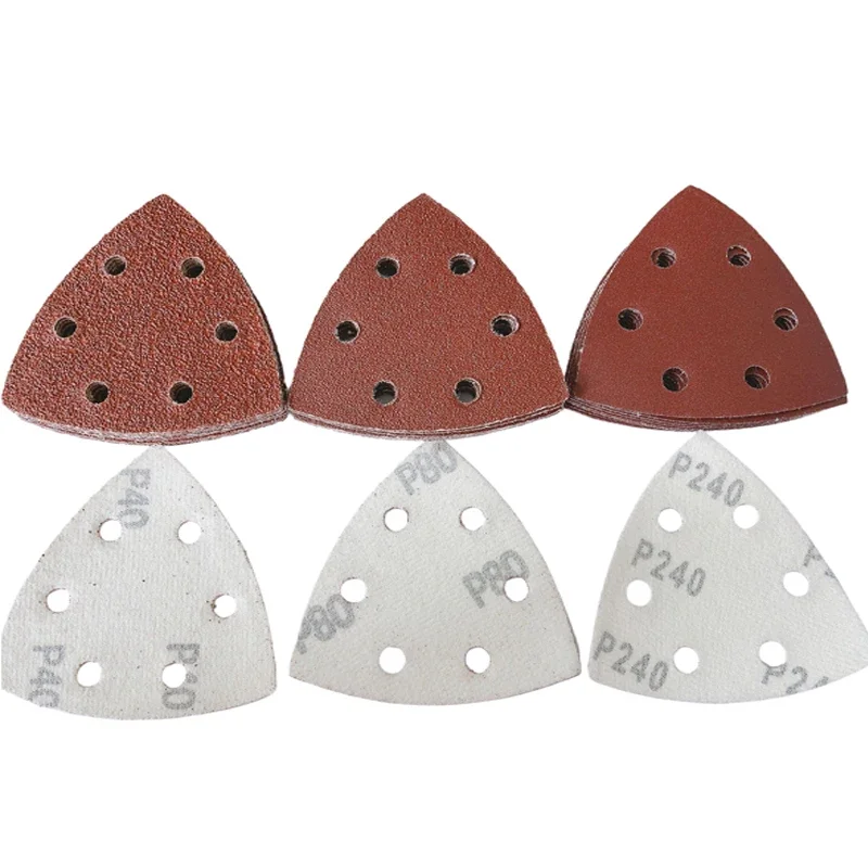 10 pezzi fogli triangolo carta vetrata rossa 90 * 90 * 90mm 6 fori levigatura gancio e anello 40 -240 grana disco abrasivo abrasivo per levigatura del legno
