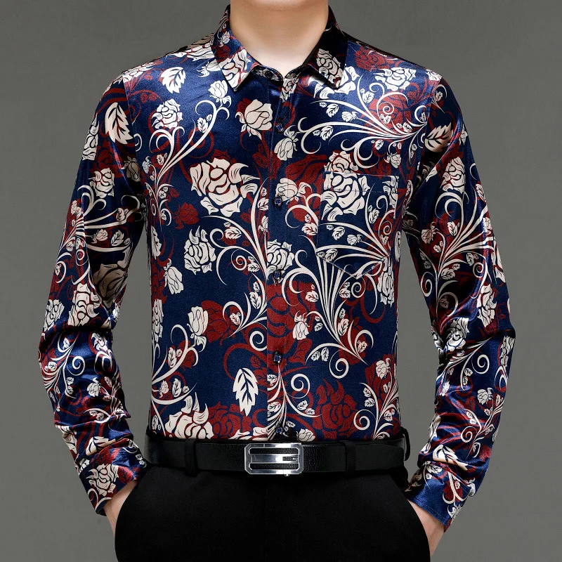 

Chinese Style Floral Casual Shirts For Men Long Sleeved Easy Care Autumn Quality Velvet Smooth Comfortable Premium Chemise Homme