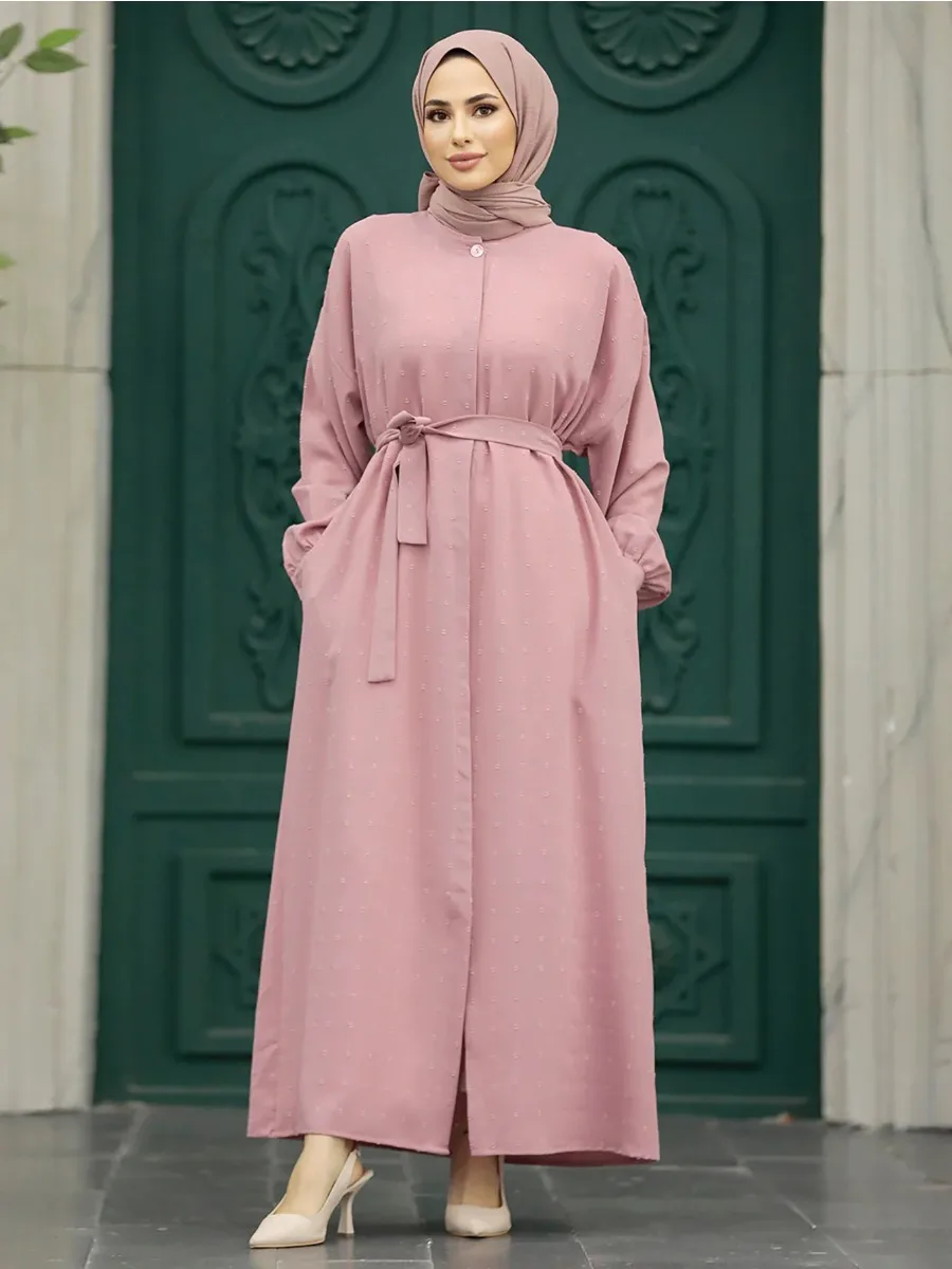 Jacquard Weave Floral Muslim Abaya Dress for Women Eid Morocco Ramadan Lace-up  Vestidos Largo Kaftan Islam Dubai Arab Long Robe