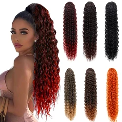 Long Kinky Curly Ponytail Synthetic Drawstring Ponytail Clip-In Hair Extension for Women Ombre Red Natural Curly Fake Hairpiece