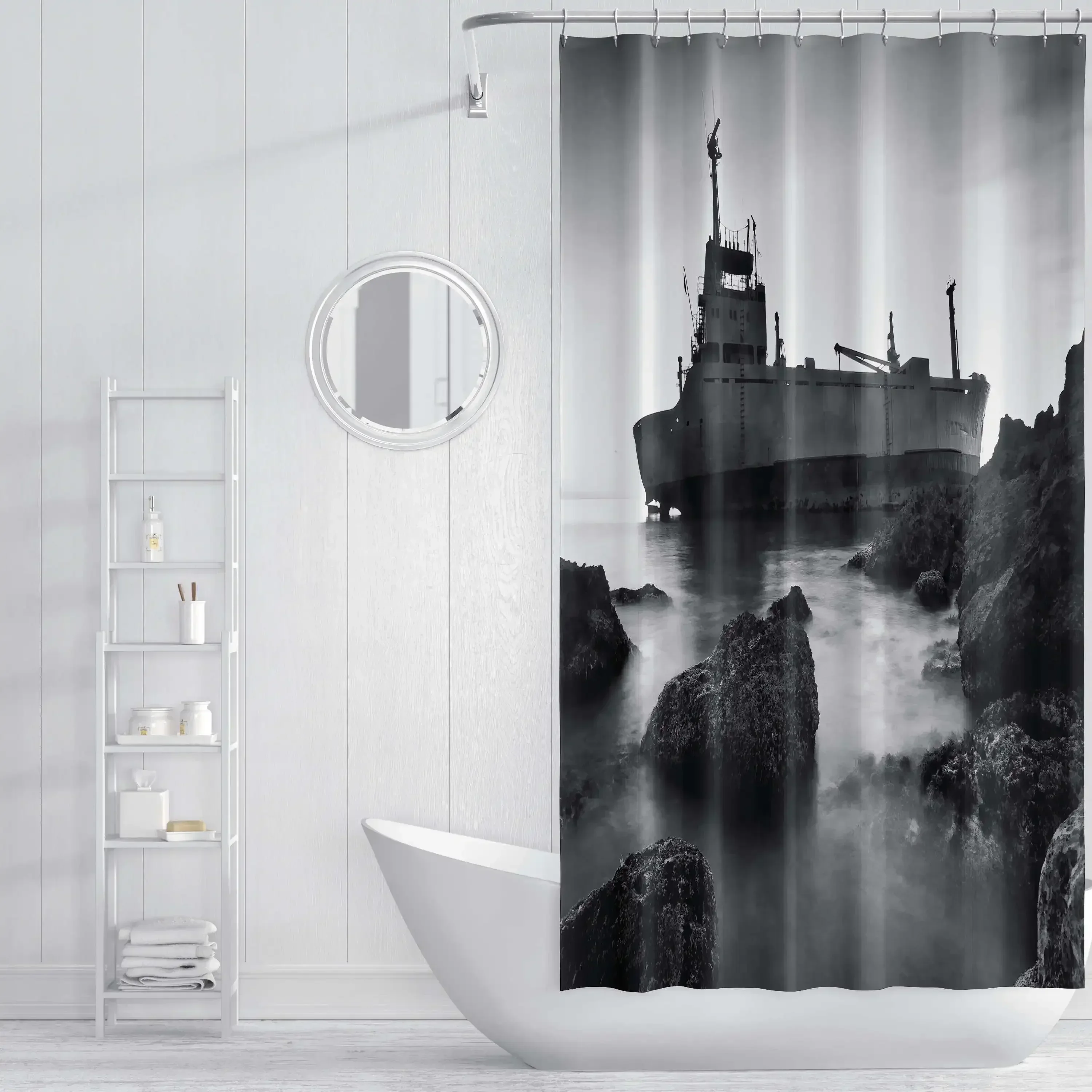 Black White Grey Luxury Building Print Shower Curtain with Thickened Waterproof and Mildew Resistant Design