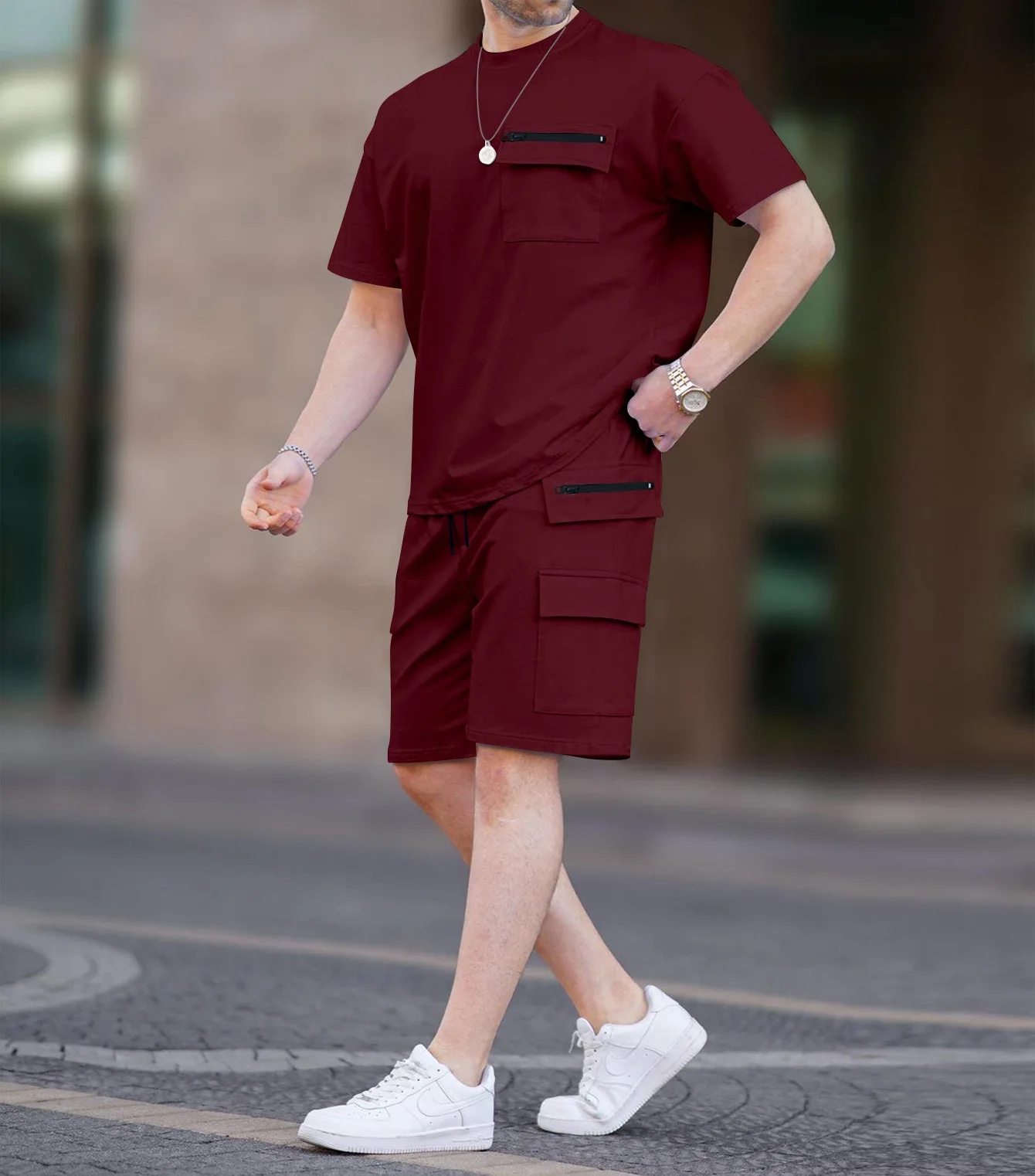 

New Men's Casual Workwear Fashionable And Trendy Solid-Color Everyday Top Pocket Zipper Drawstring Workwear Shorts Summer Sets