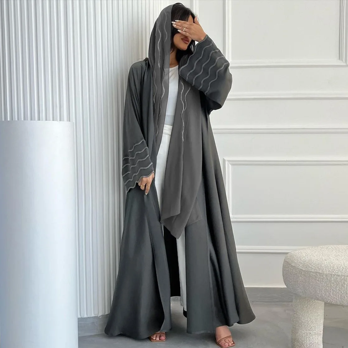 Ricamo Hijab Abaya sottile maniche lunghe Kimono donne musulmane Dubai abbigliamento islamico Hijab Robe Ramadan Abaya aperto con sciarpa