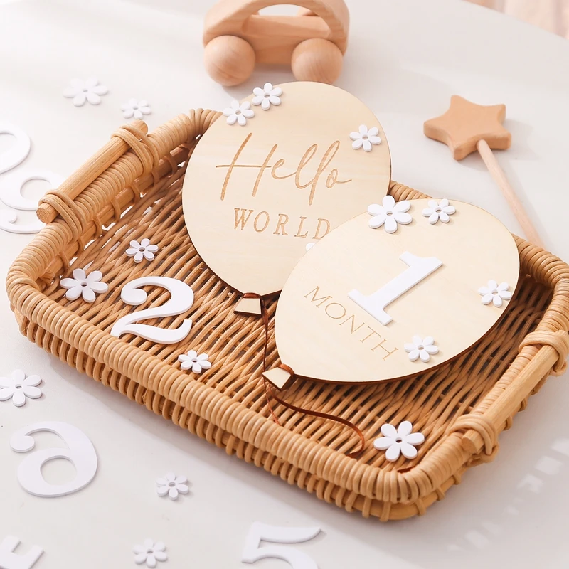 

1 Set Wooden Baby Milestone 0-12 Monthly Balloon Floral Milestone Card Newborn Photo Accessories Photography Prop Birthing Gift