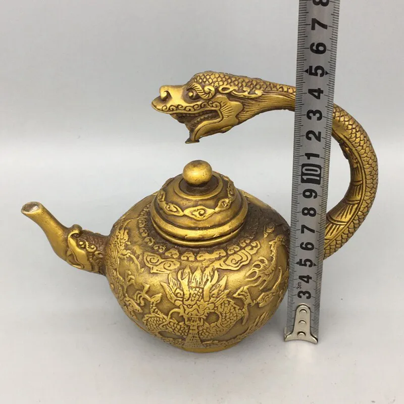Brass Dragon Handle Teapot Wine Kettle Embossed Dragon Pattern Chinese Copper Pot Home Ornament Folk Decor