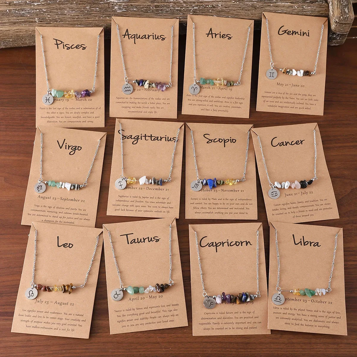 Wholesale 12 Zodiac Signs Constellation Pendant Natural Irregular Stone Beaded Choker Necklace Stainless Steel Party Birthday