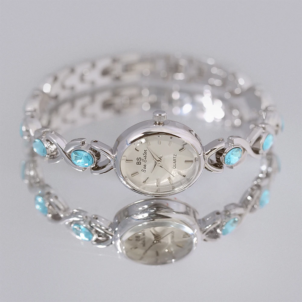 

BS брендовые роскошные женские наручные часы с синим овальным маленьким циферблатом, кварцевые женские часы с цепочкой, модные водонепроницаемые элегантные женские часы