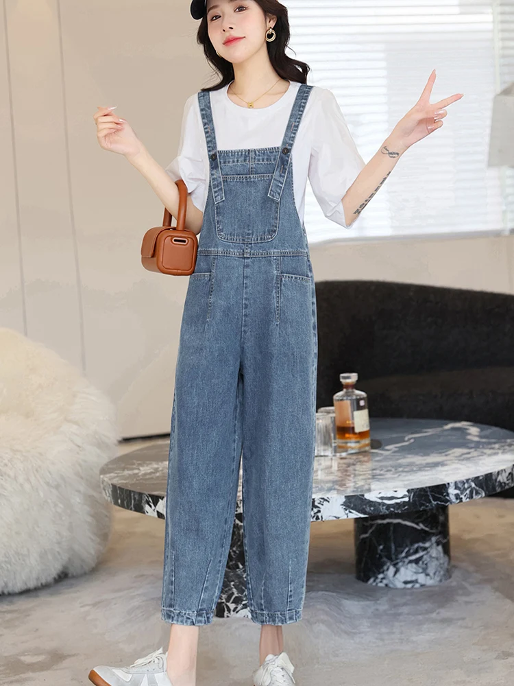 

Summer Thin Denim Overalls Women's Casual High Waist Straight Leg Jeans Rer Set Faionable Age-Defng Nine-Piece Suit