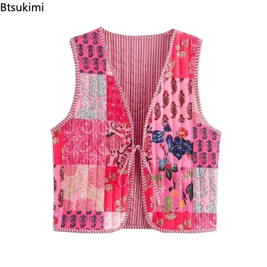 2025 Autumn Winter Women National Style Sleeveless Patchwork Floral Print Quilted Vest Jacket Fashion Ladies Lace Up WaistCoat