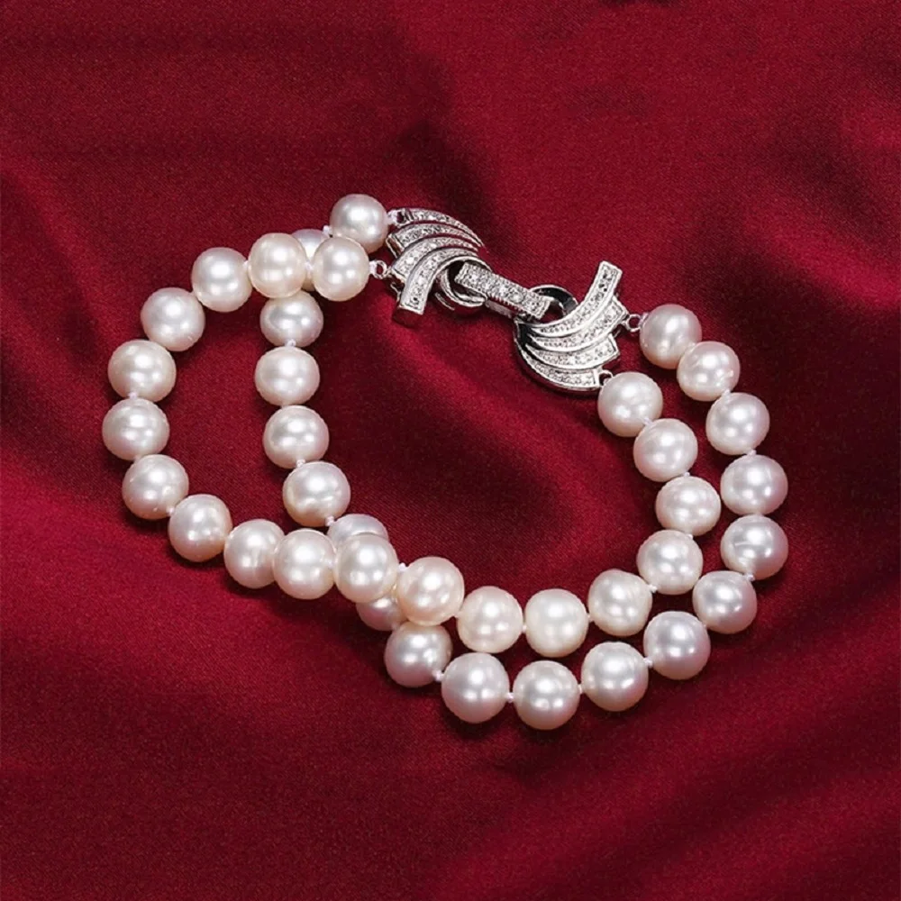

Double layer butterfly buckle bracelet AAAA grade 8-9mm natural Japanese round white pearl bracelet 7.5-8 inch/925s