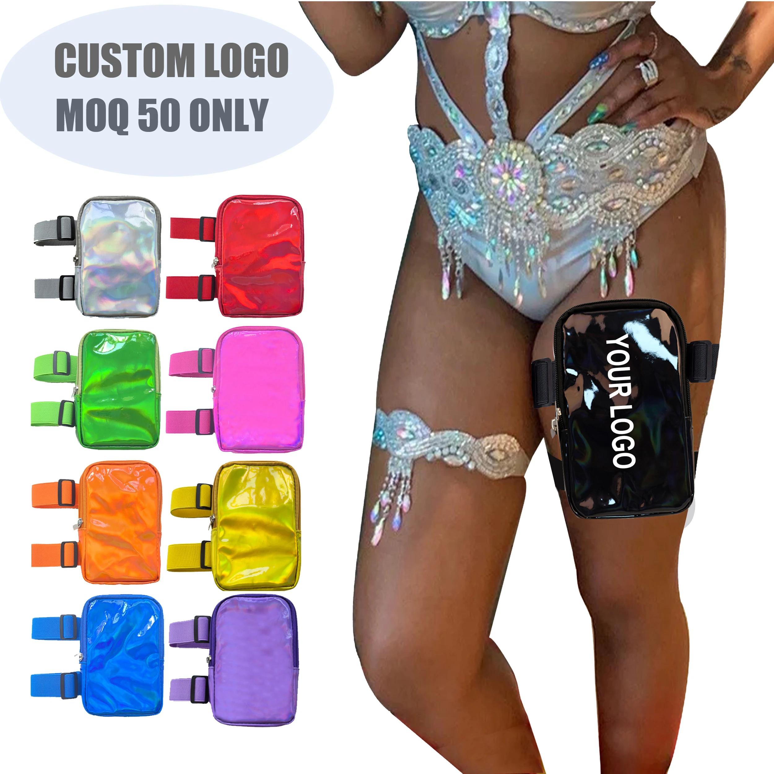 Holographic Thigh Bag For Carnival Leg Bag for Women With Wide and Adjustables Straps PU Waist Pouch Leg Pouch Custom Logo