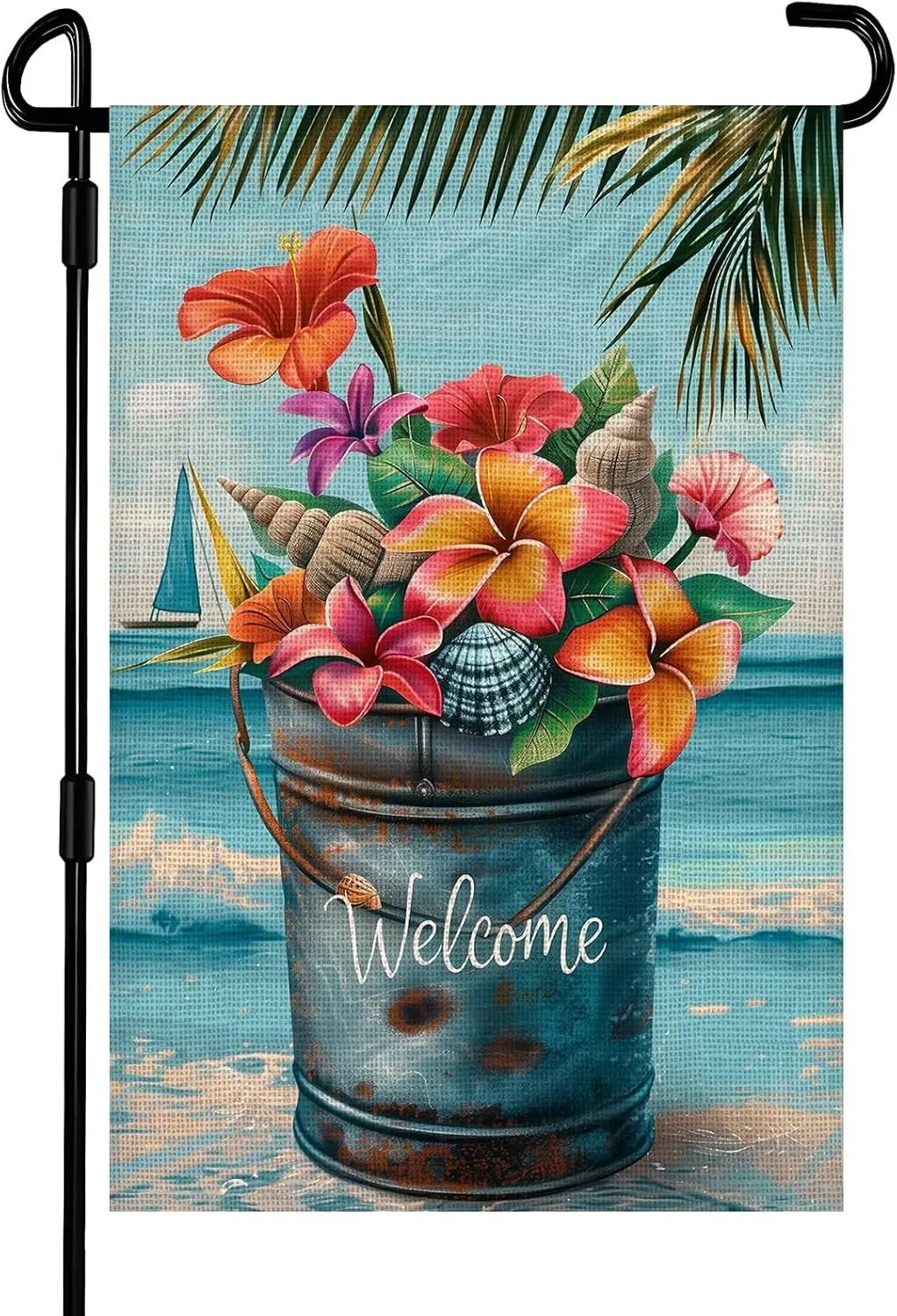 Welcome Summer Garden Flag 12x18 Inch Double Sided Burlap Beach Shell Flower Flag for Summer Outdoor Porch Yard Garden Decor MMZ