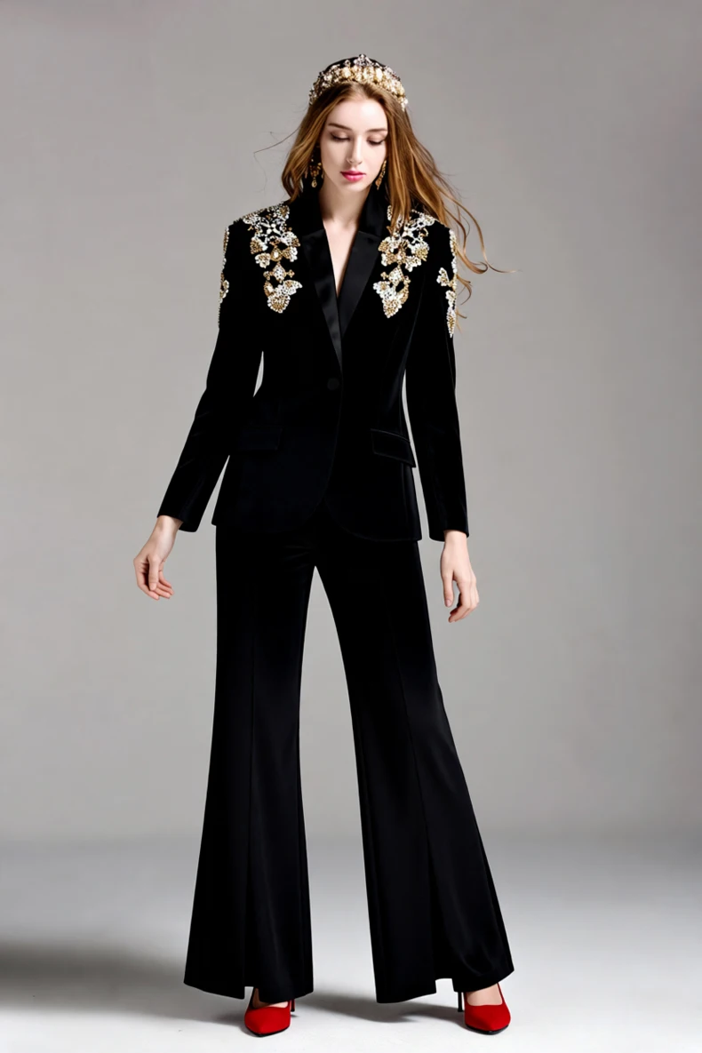 Women's Black Blazer & Wide Leg Pants 2 Piece Suit Set Luxurious Gold Silver Beaded Embroidery Formal Suit with Side Split