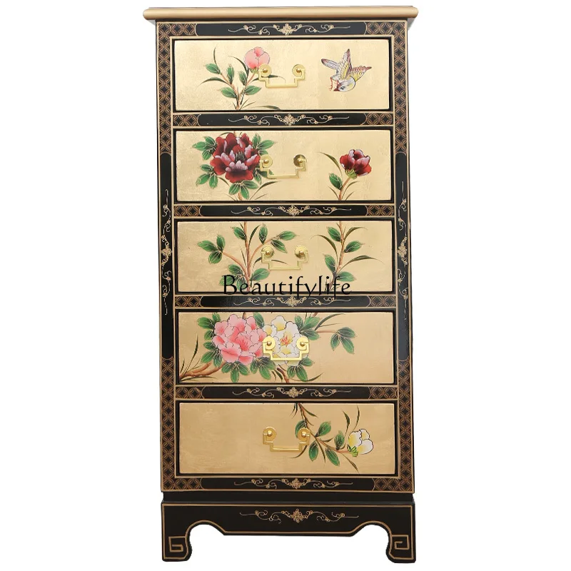 

New Chinese Style Painted Narrow Chest of Drawer Bedroom Living Room Storage Decoration Solid Wood Chest of Drawers